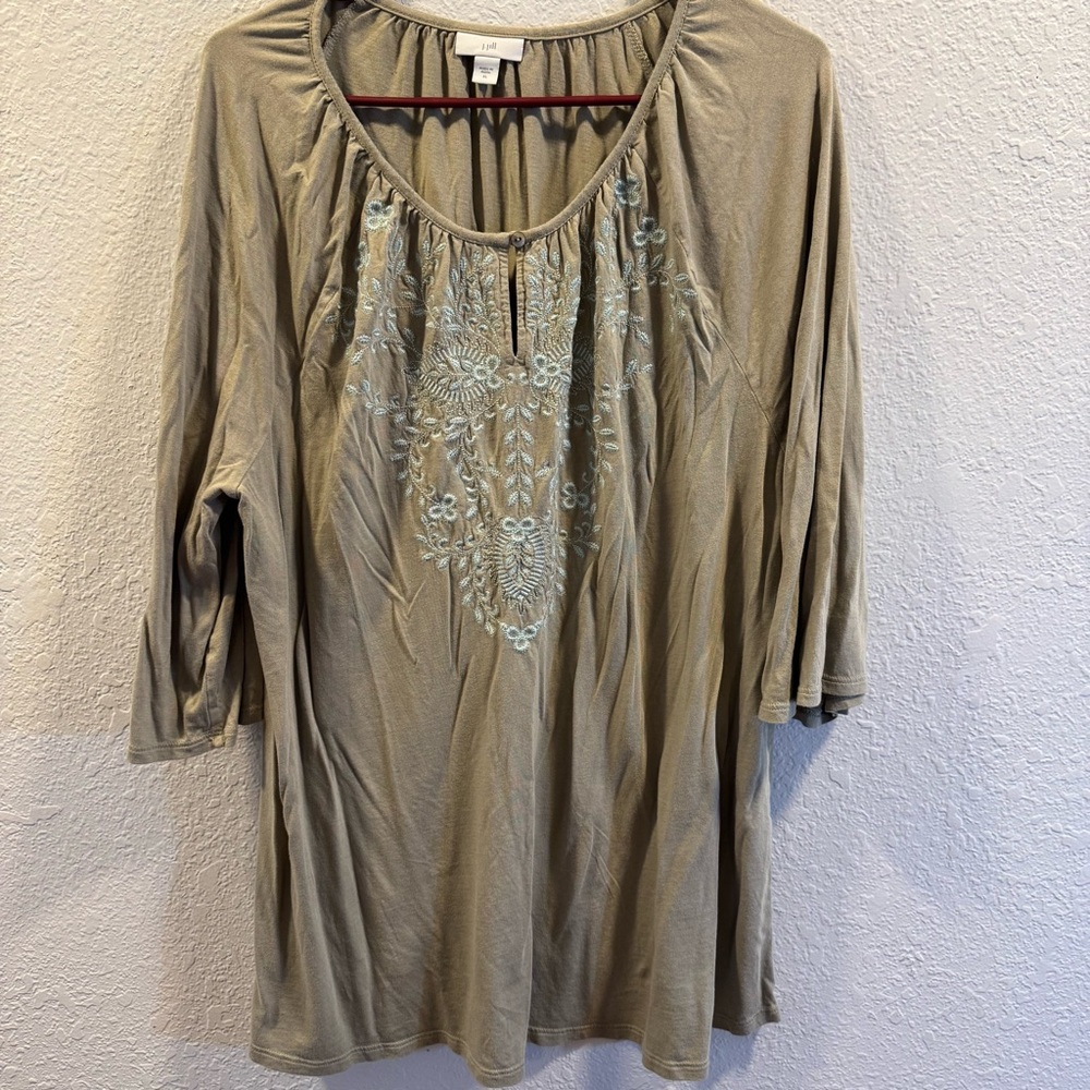 J. Jill Olive Blouse with Light‎ Blue Embroidery